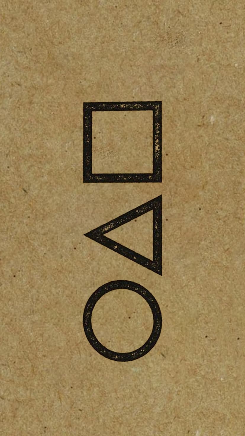 Circle, triangle, and square symbols stacked vertically on a brown, textured rustic paper background.
