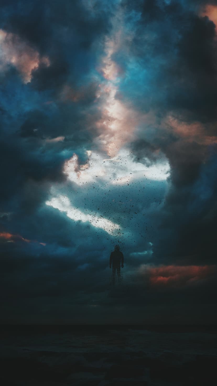 Solitary human silhouette stands before a swirling blue and orange nebula with glowing starlight particles.