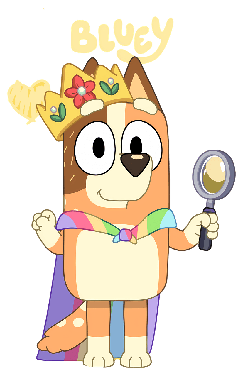 Bluey character wearing a golden crown and holding a magnifying glass in a standing front-facing pose.