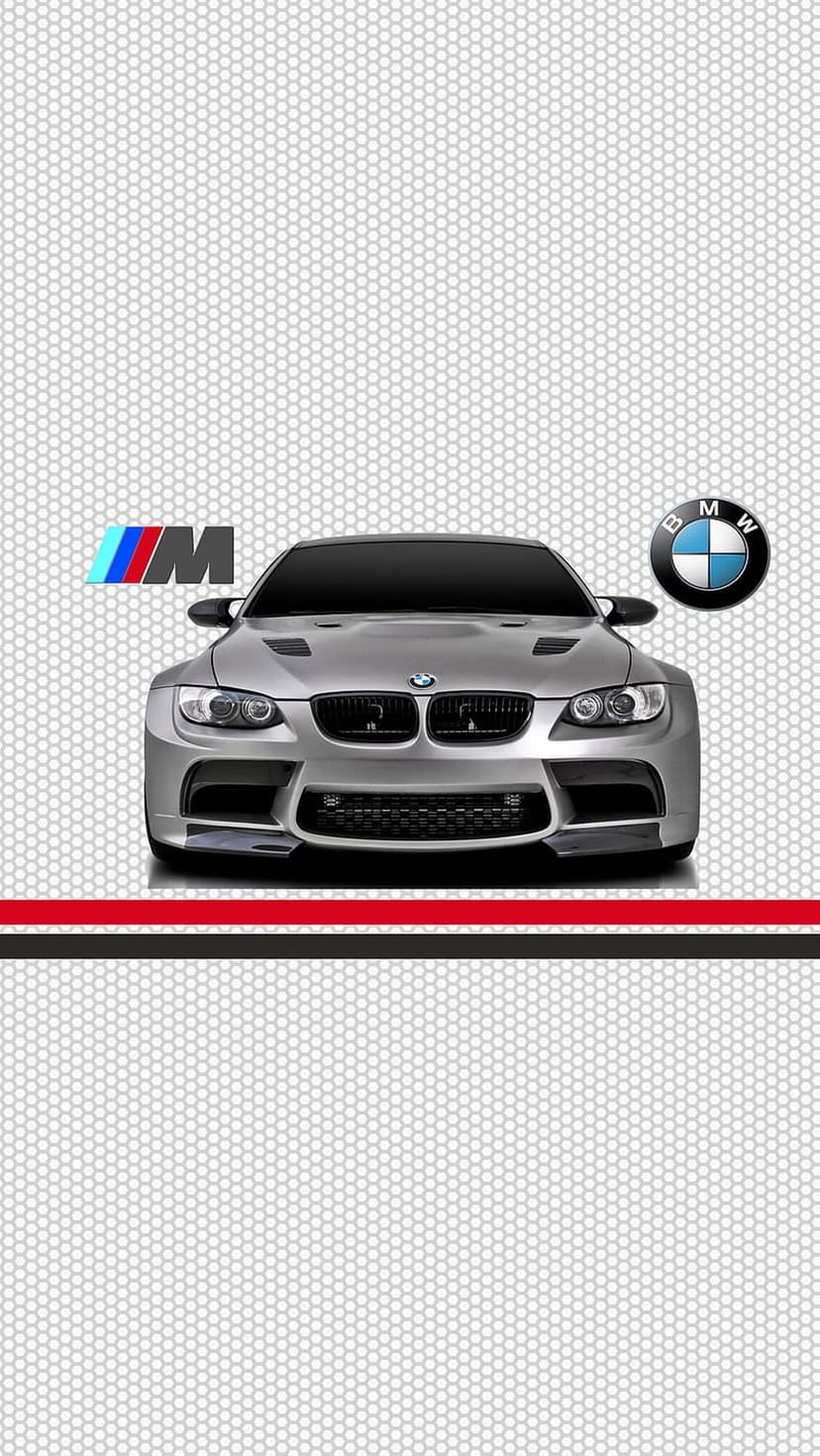 BMW M3 sports car in silver features a front grille, circular emblem, and red stripes on a honeycomb background.