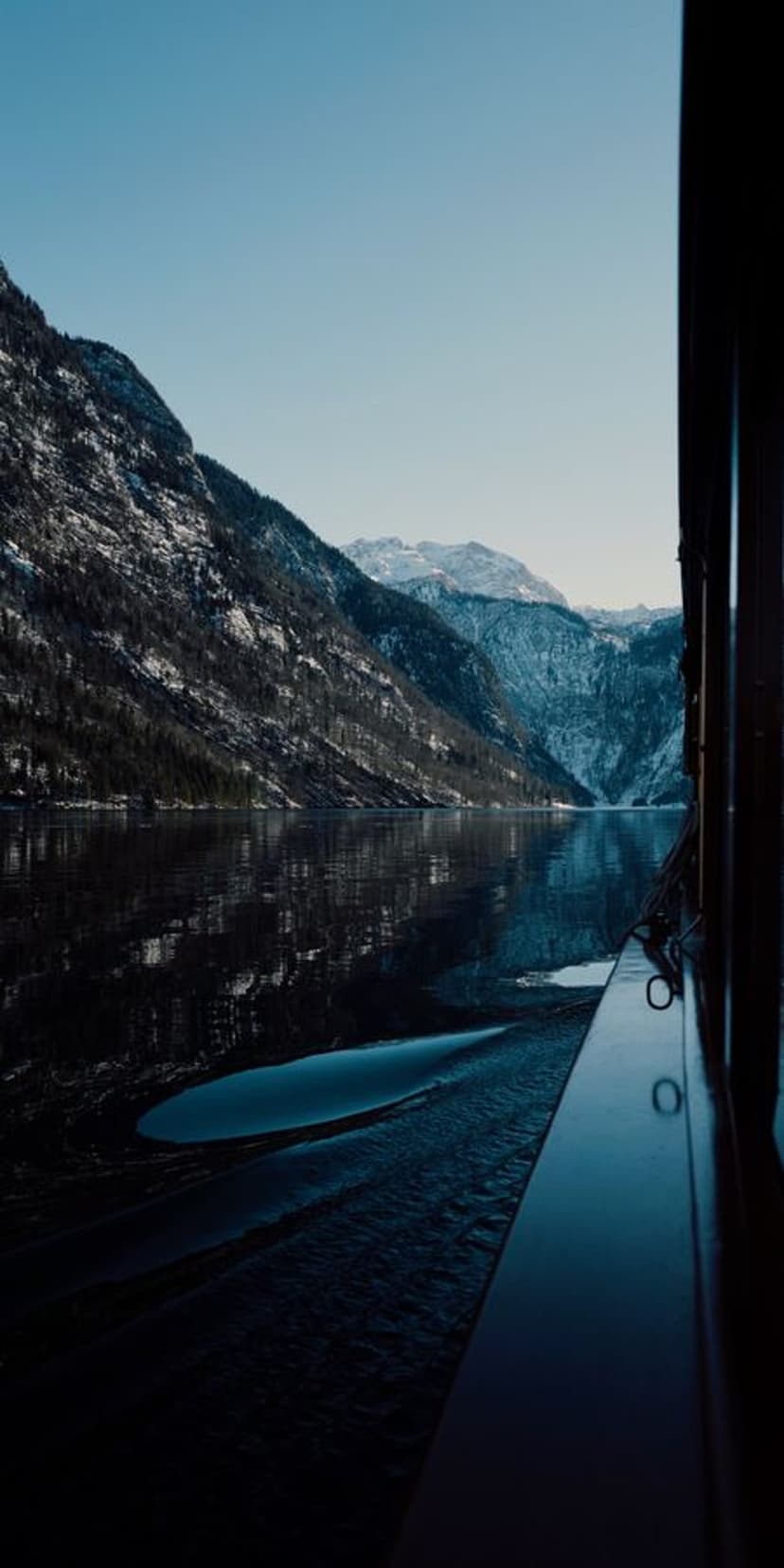 Snowy mountain peaks reflected in a calm blue fjord with dense pine forests lining the steep, rocky slopes.