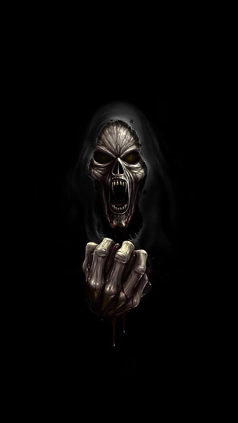 Grim Reaper skull with glowing yellow eyes and a bloody skeletal hand reaching forward against a black backdrop.