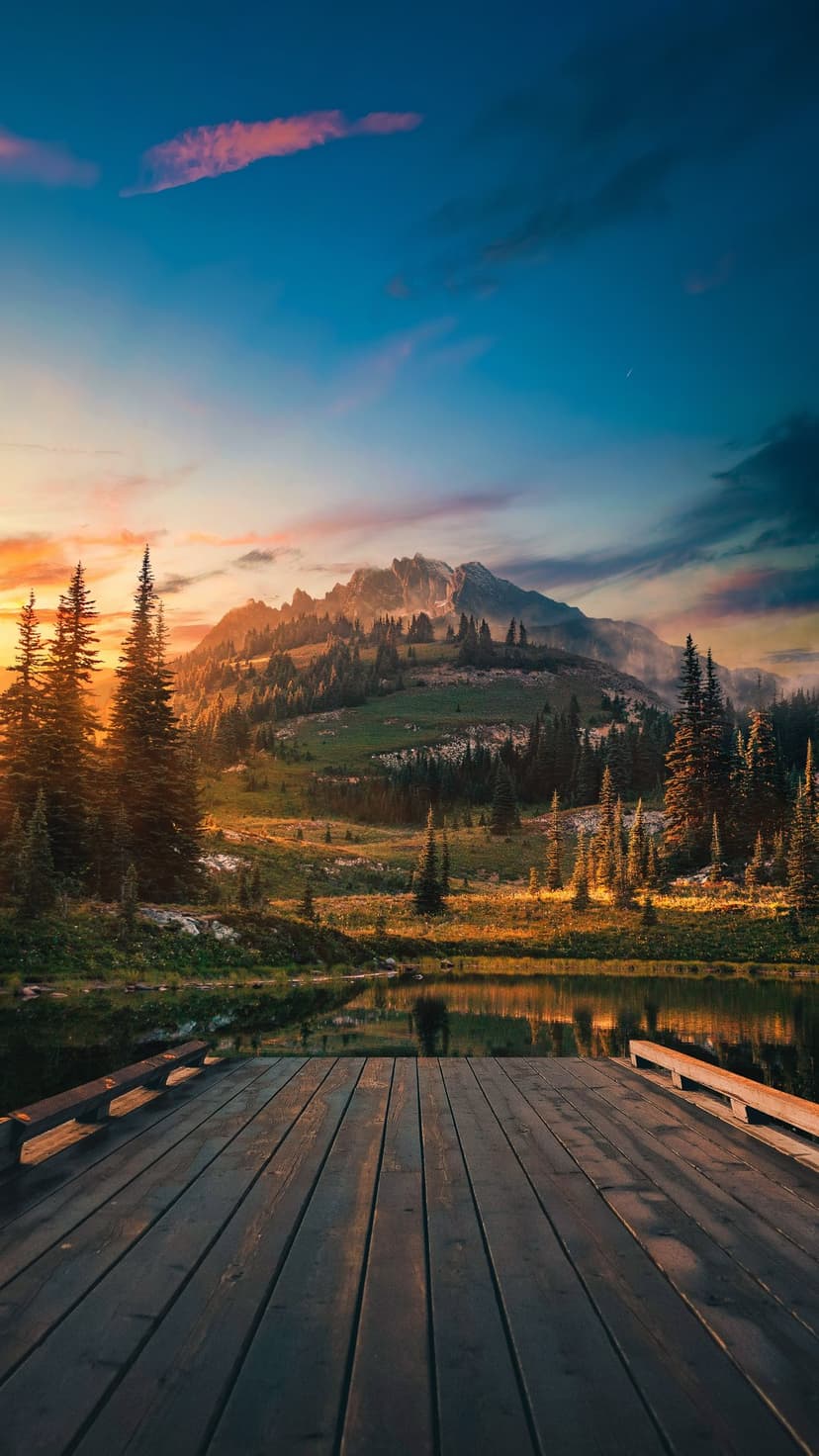 Wooden dock leading toward jagged mountains during a golden sunset reflected in calm, clear alpine lake water.