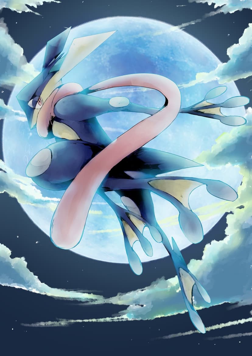 Greninja jumping in front of a giant blue moon with clouds and a flowing pink scarf in a dark night sky.