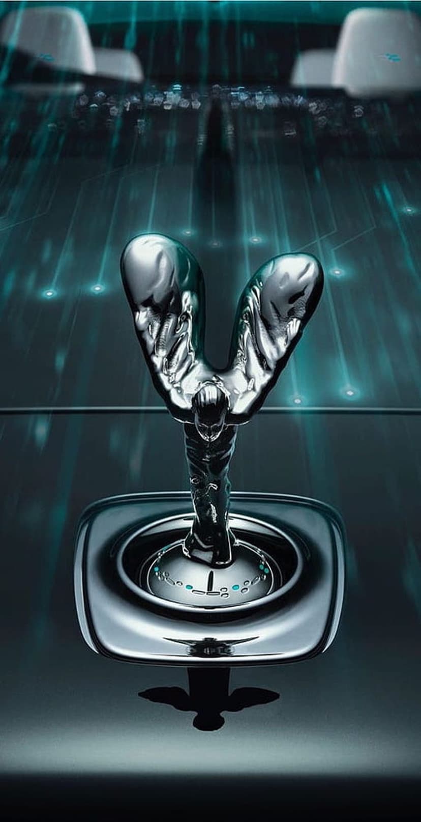 Spirit of Ecstasy chrome mascot stands before glowing blue circuit board lines on a dark digital background.