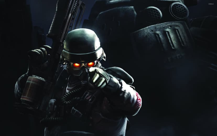 Helghast soldier in dark armor with glowing red eyes pointing forward, holding a rifle against a dark background.