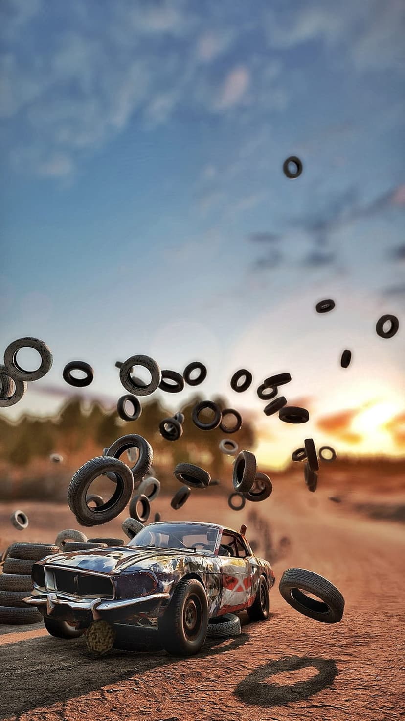 Vintage car sitting on a dirt road while dozens of tires fly through the air during a golden hour dust storm.