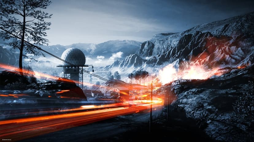 Radar dome on snowy mountains with orange light streaks and fire for a cinematic landscape background.