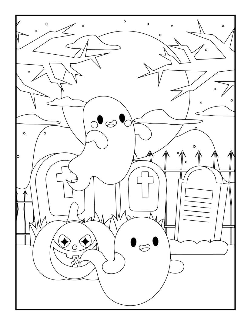 Halloween coloring page showing two ghosts near a carved pumpkin in a graveyard under a full moon and branches.