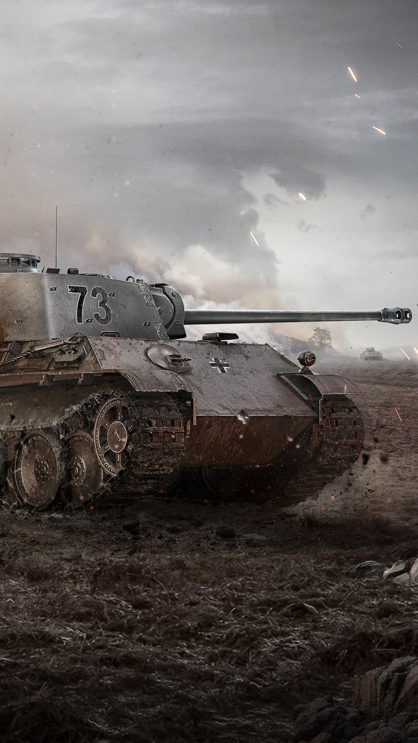 German Panther tank moving through churned mud on a smoky battlefield under an overcast sky with orange embers.