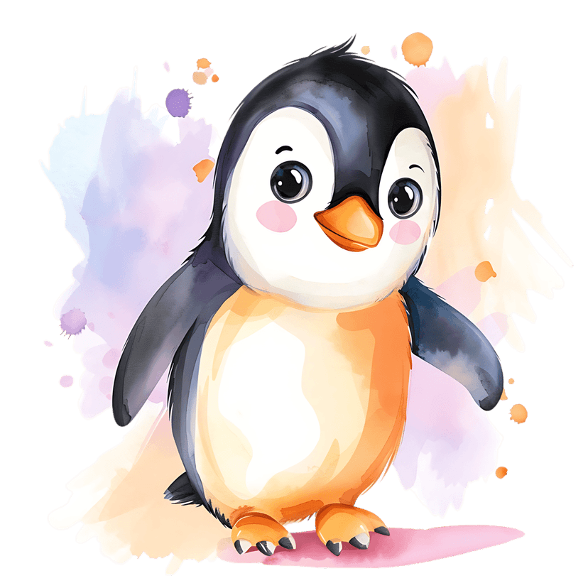 Penguin watercolor illustration featuring fluffy feathers and pastel paint splashes on a transparent background.
