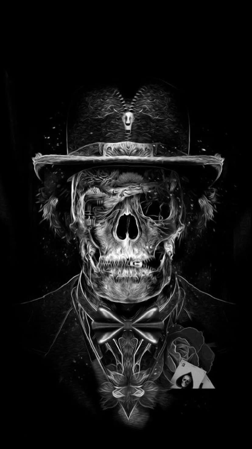 Gothic skull wearing a tuxedo and top hat holds a rose and playing cards against a dark, high-contrast background.