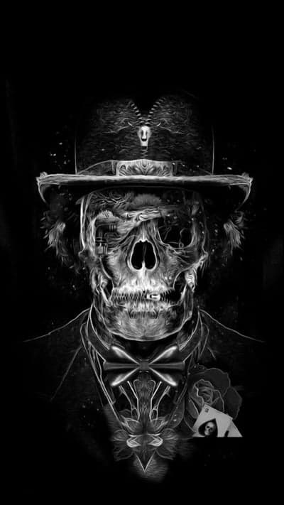 Gothic Skull in Top Hat and Suit with Cards
