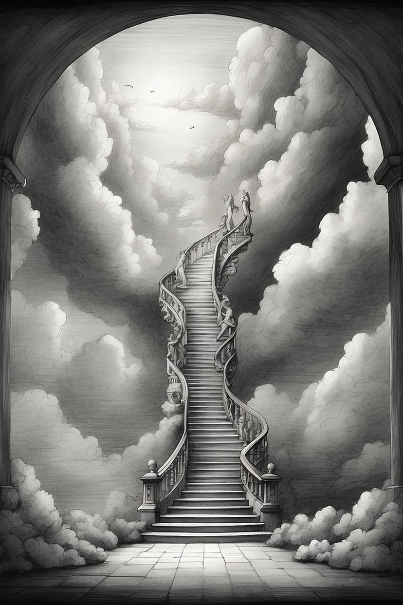 Ornate spiral staircase with classical statues climbing into a cloudy sky through a large stone archway.