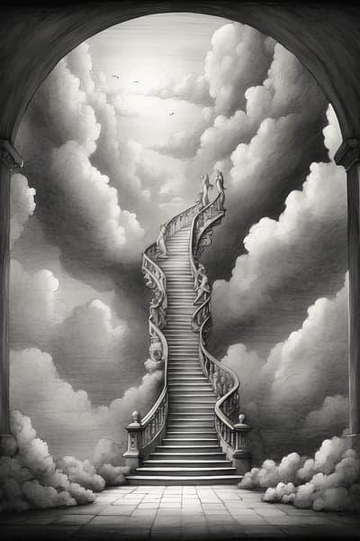 Dreamlike Stairway to Heaven with Clouds and Statues