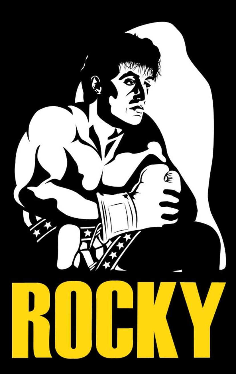 Rocky Balboa wears boxing gloves and star-patterned shorts in a high-contrast black and white graphic scene.