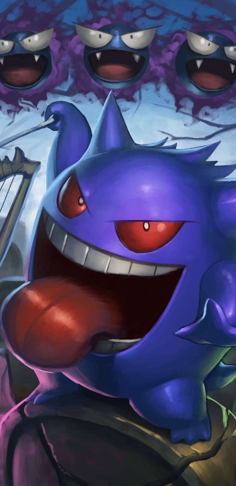 Purple Gengar with a long red tongue out and three Gastly floating in a dark, misty forest at night.
