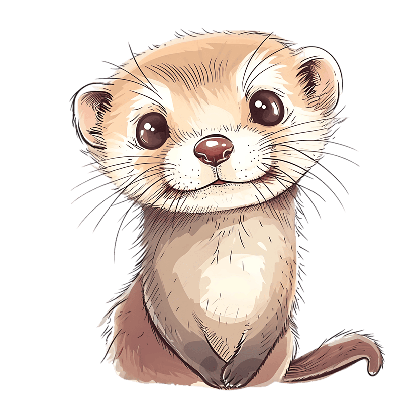 Ferret watercolor painting shows a small animal with brown fur and large eyes sitting on a black background.