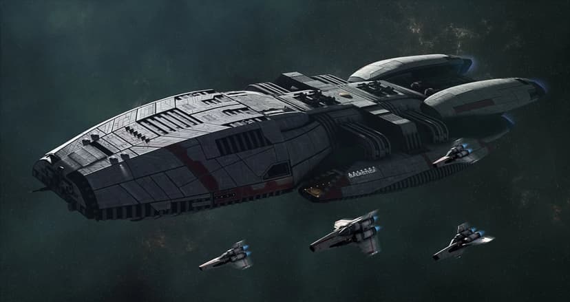 Battlestar Galactica battleship and Viper fighters fly through a dark starfield with engine glows visible.