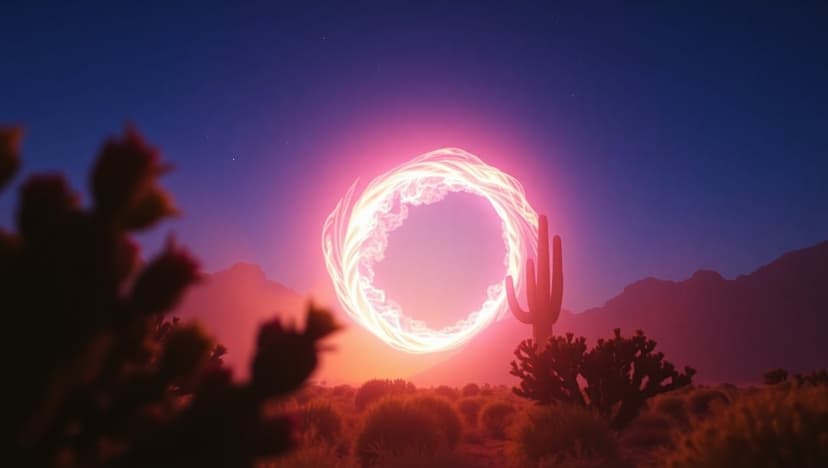 Glowing pink portal hovering over silhouetted saguaro cacti and mountains under a blue and orange sunset sky.