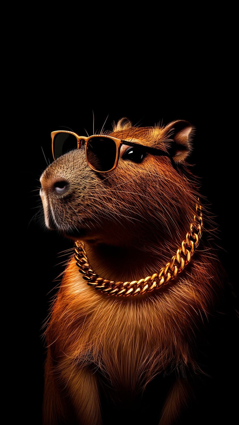 Brown capybara wearing dark sunglasses and a thick gold link chain posed against a solid black background.