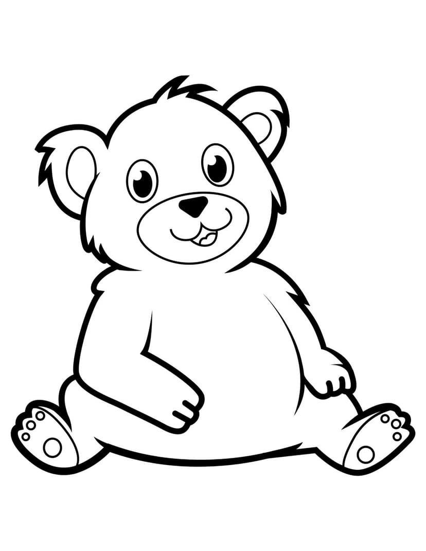Teddy bear line art illustration features a sitting cartoon character with round ears and detailed paw pads.