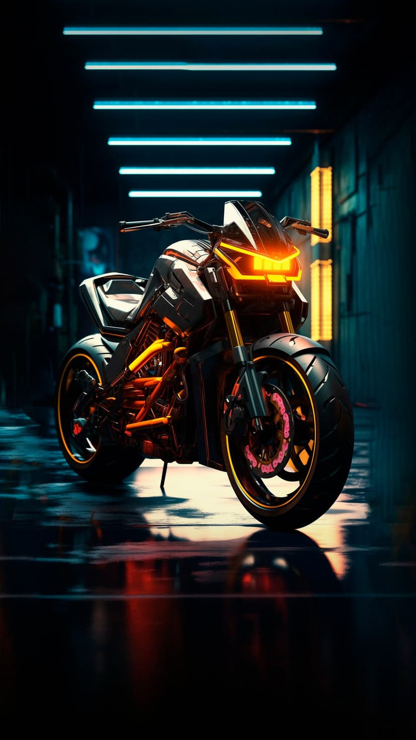 Futuristic motorcycle with glowing orange lights parked on a reflective wet pavement in a dark narrow alleyway.