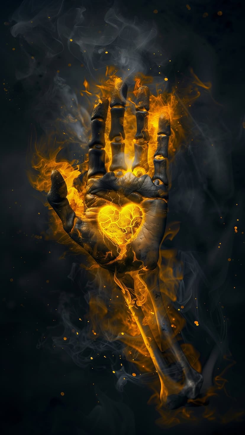 Skeletal hand wreathed in orange flames holds a cracked glowing heart amidst swirling embers and thick smoke.