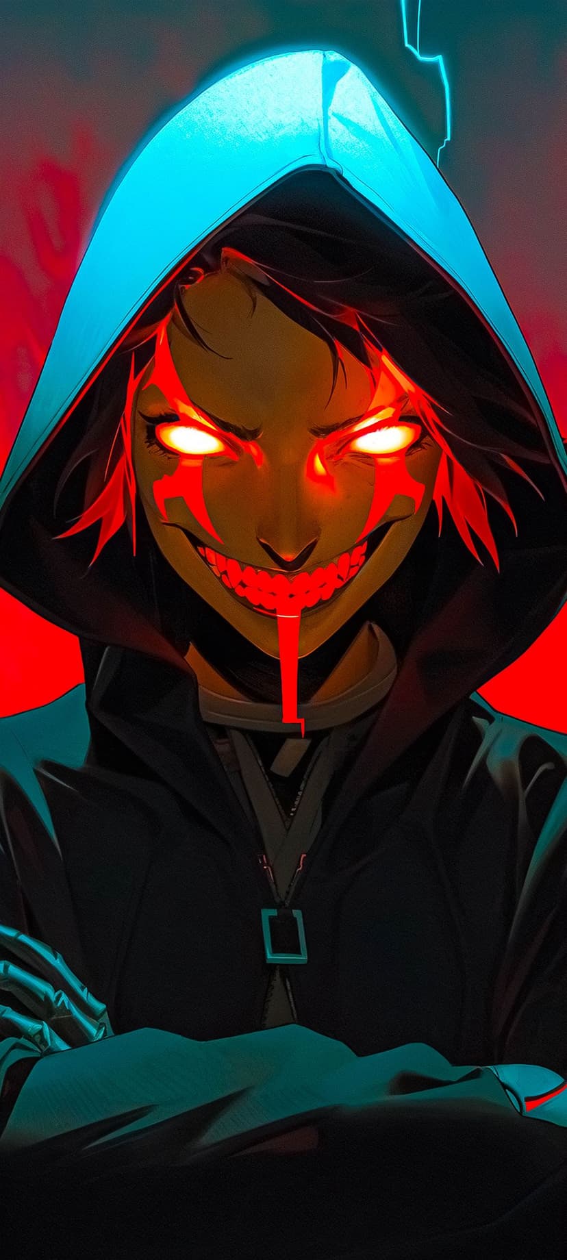 Sinister hooded man with a jagged tooth grin, red glowing eyes, and blue light accents on a deep red backdrop.
