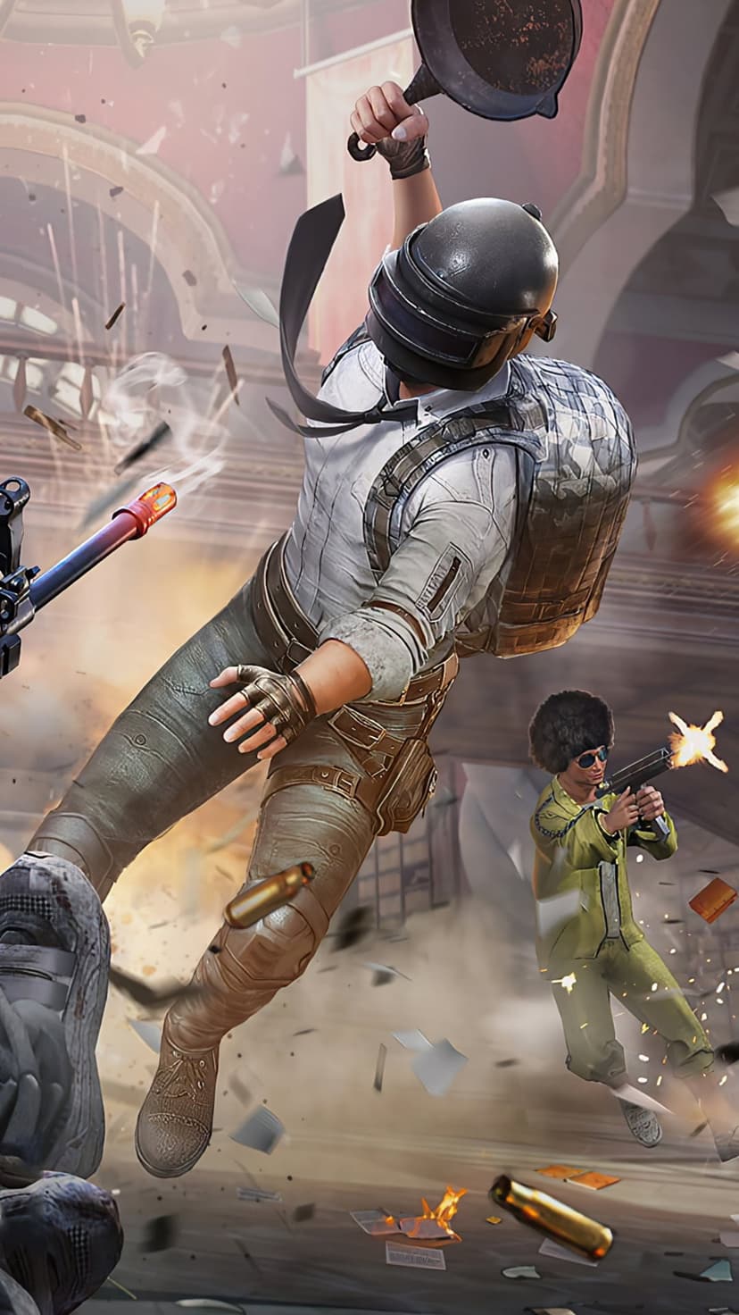 Soldier wielding a frying pan amidst bullet fire and orange explosions in a gritty vertical battlefield scene.