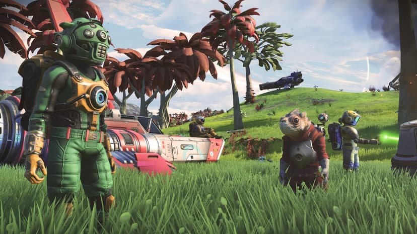Spacesuit explorers and a Gek alien stand in green grass near starships on a planet with red trees.