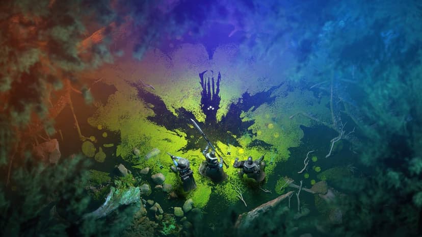 Three armored guardians in a neon green swamp facing a giant dark shadow of Savathûn with glowing white eyes.