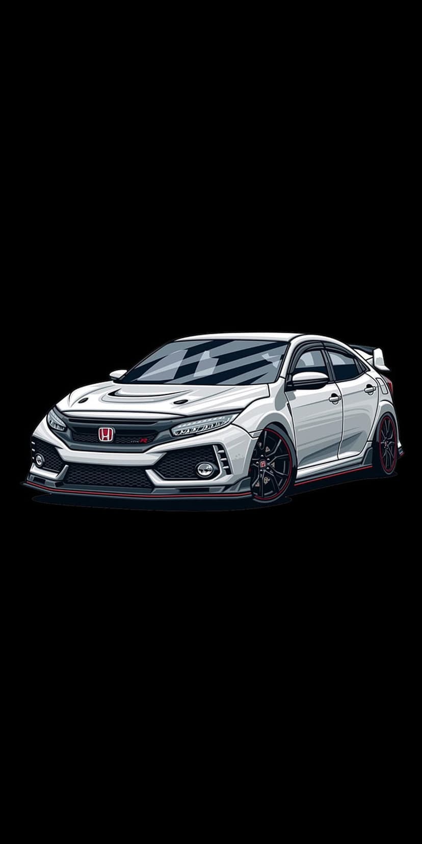 White Honda Civic Type R with red accents and black racing wheels against a dark background in portrait view.