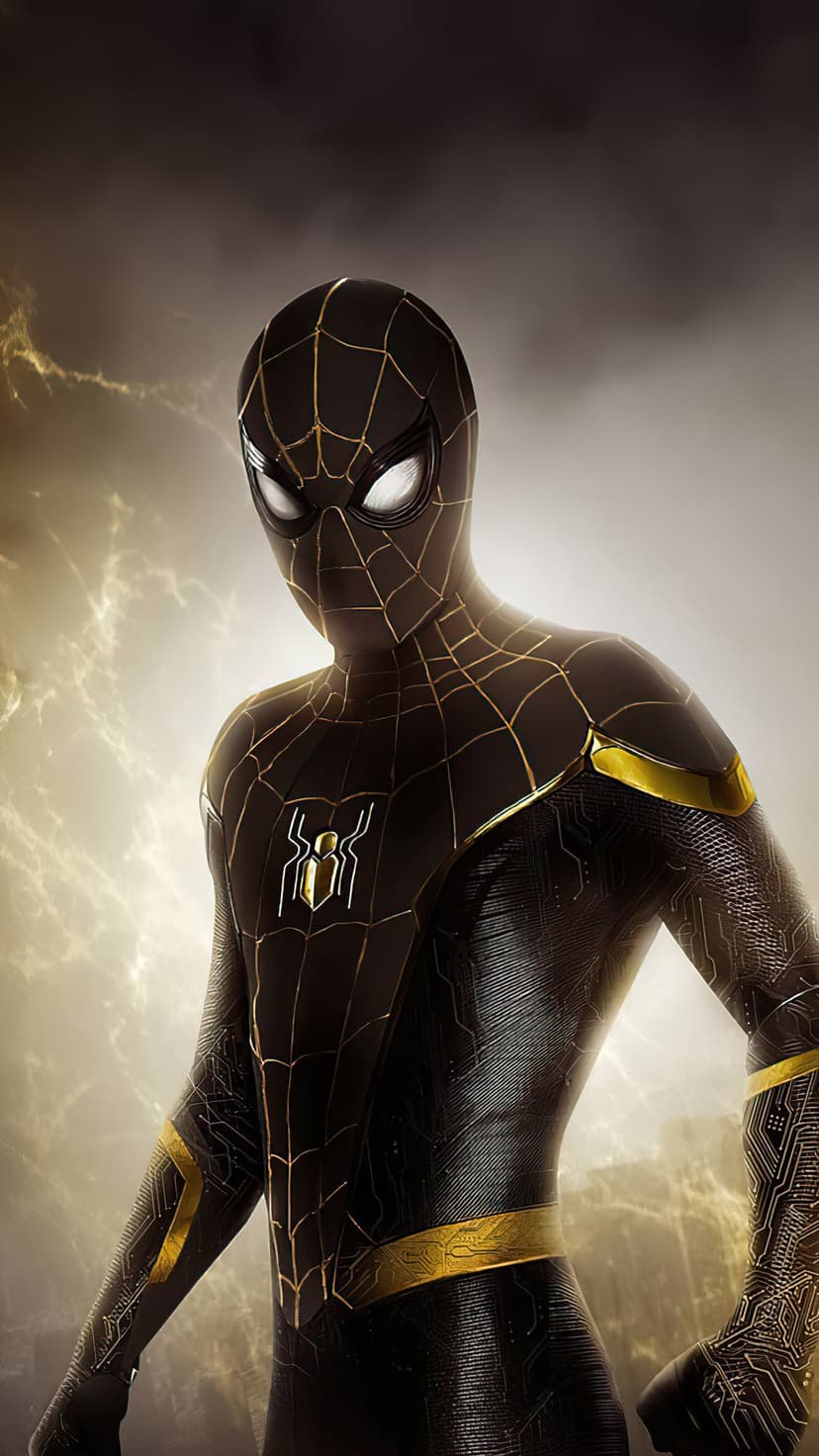 Spider-Man in his black and gold suit stands before stormy clouds and glowing yellow light with detailed textures.