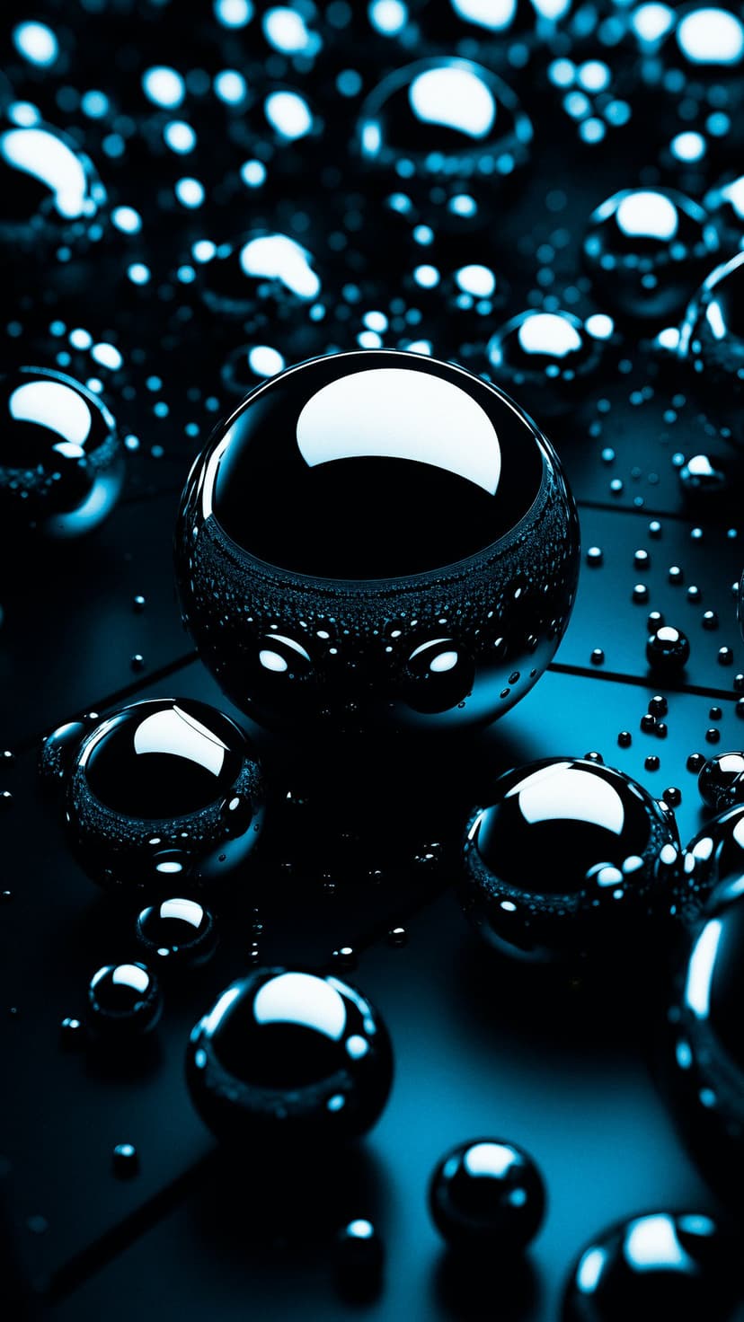 Glossy dark blue spheres with bright highlights and tiny water droplets scattered across a black reflective surface.