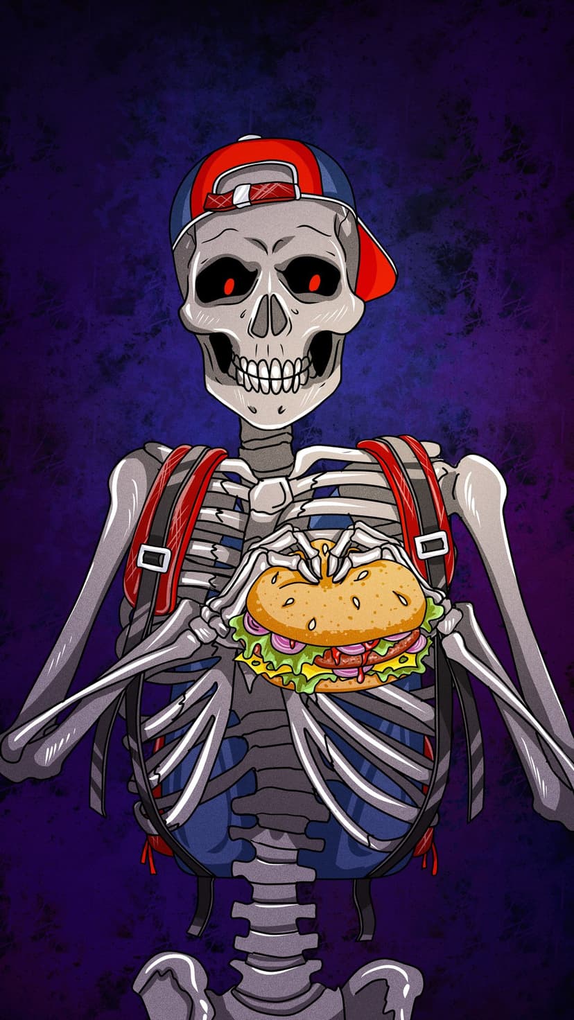 Skeleton wearing a red and blue baseball cap and backpack holds a large cheeseburger against a purple background.