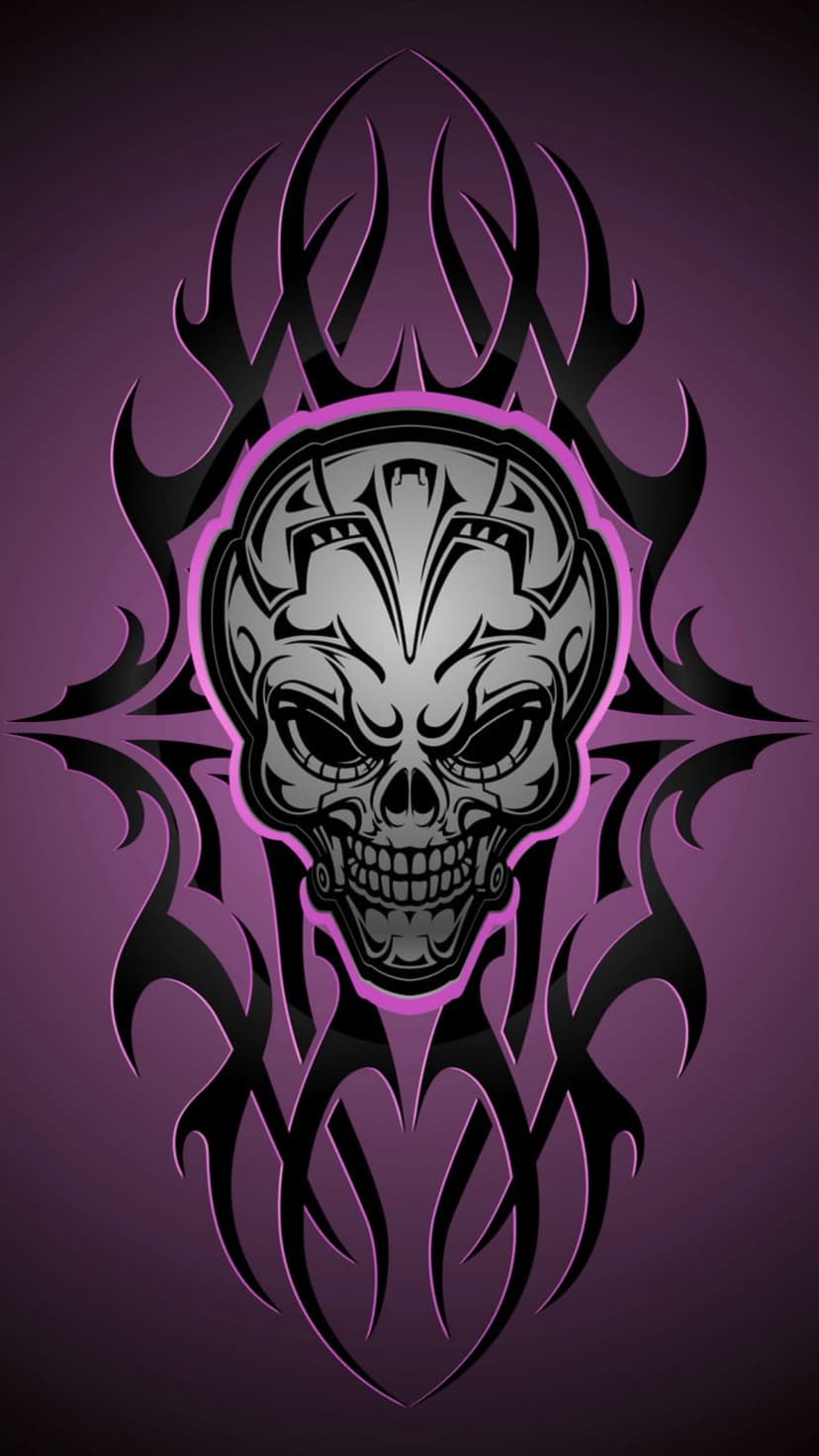 Tribal skull with grey bone textures and neon pink outlines centered on a dark purple gradient backdrop.