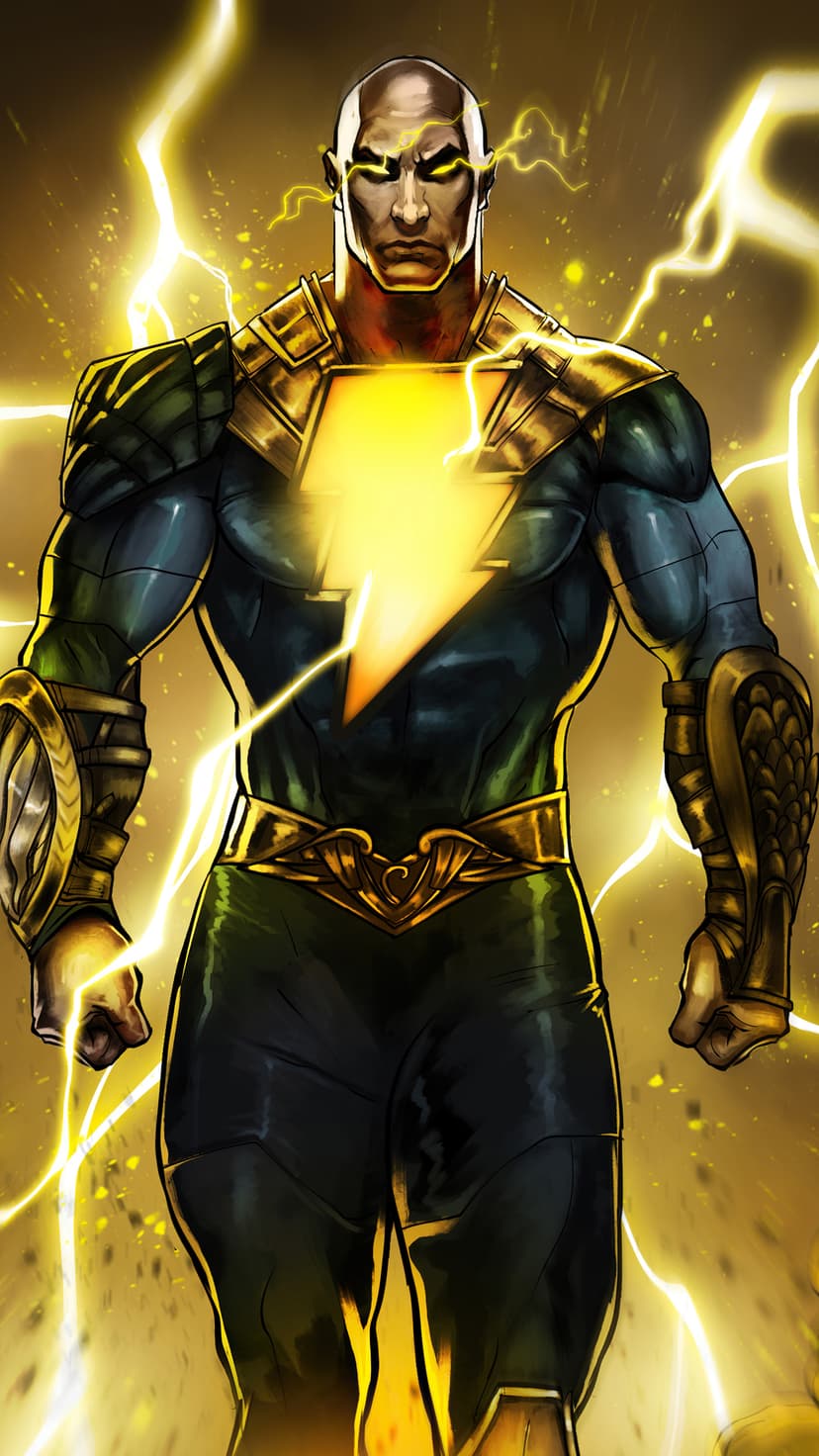 Black Adam clenches his fists while yellow lightning arcs around his textured dark armor and golden chest emblem.
