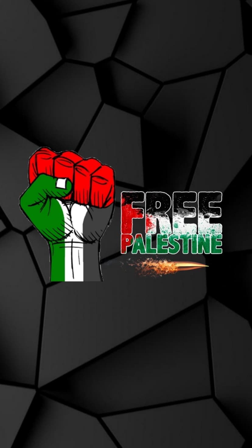 Clenched fist painted in Palestinian colors raised beside a flaming bullet trail and bold block lettering.