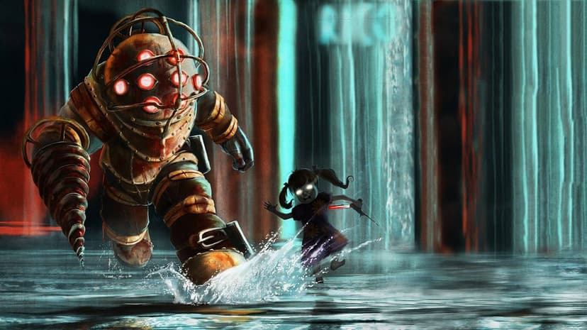 Big Daddy Bouncer and a Little Sister running through splashing water in a dark, atmospheric industrial corridor.