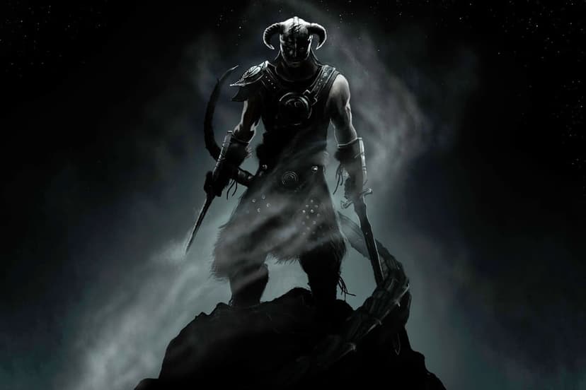 Horned warrior with dual swords stands on a rocky peak amid swirling mist under a dark starry night sky.
