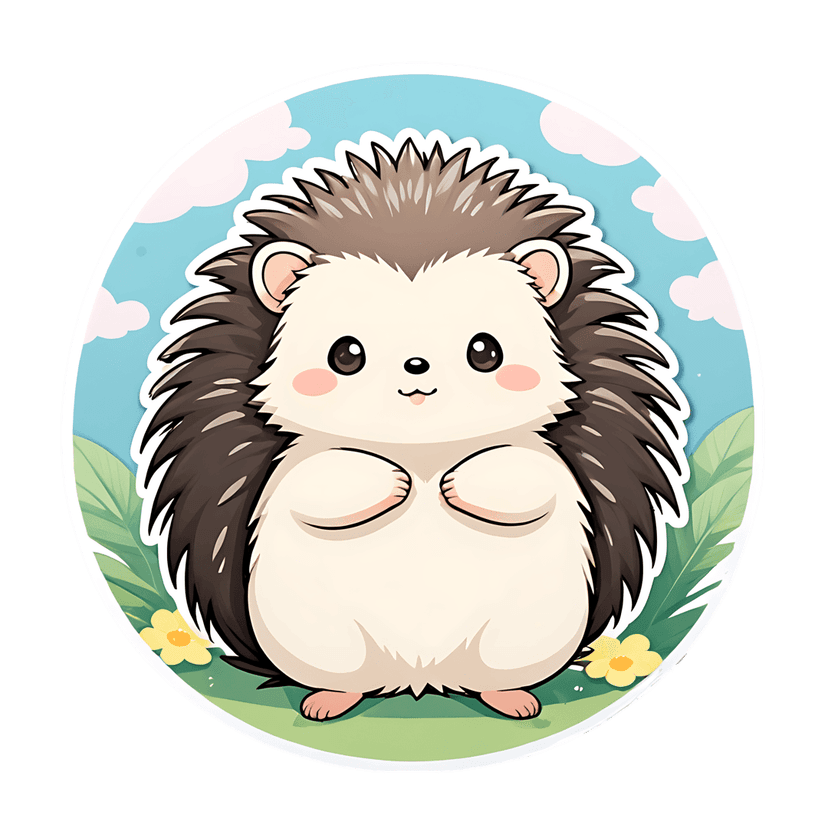 White hedgehog sticker illustration with brown quills stands on green grass under a blue sky with fluffy clouds.