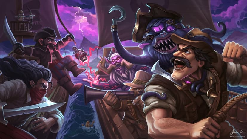 Shouting pirate hero with mustache in a ship battle against a purple four-eyed monster and demonic magic.