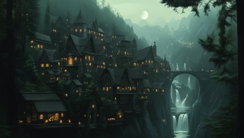 Elven village with glowing windows perched on a mountain cliff above a waterfall and stone bridge at twilight.
