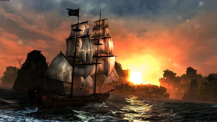 Pirate assassin standing on a wooden ship deck during a maritime battle with ocean waves and smoke background.