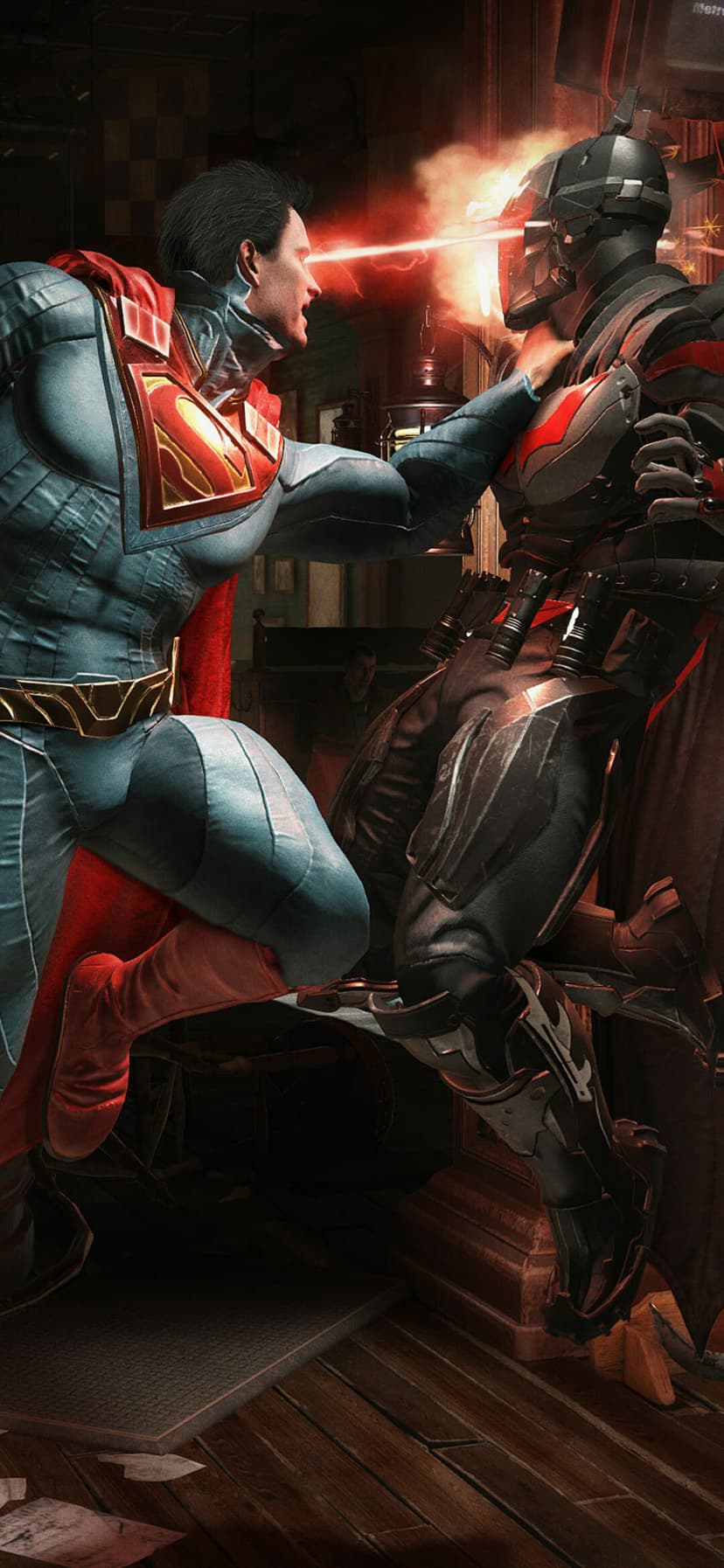 Superman uses red heat vision on an armored Batman while holding him by the throat in a dark, atmospheric room.