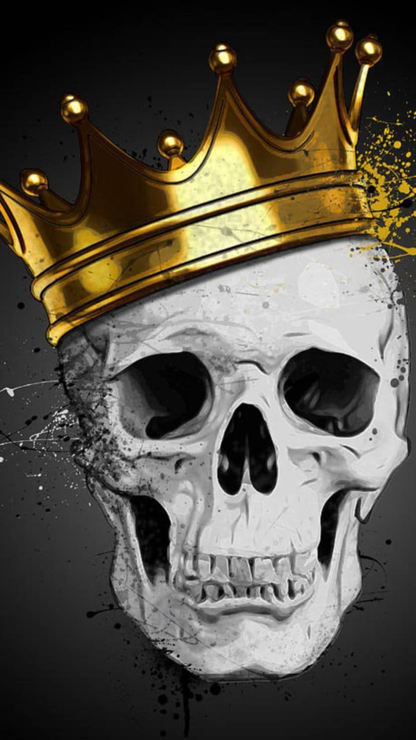 Human skull wearing an ornate golden crown surrounded by black ink splatters and a dark textured background.