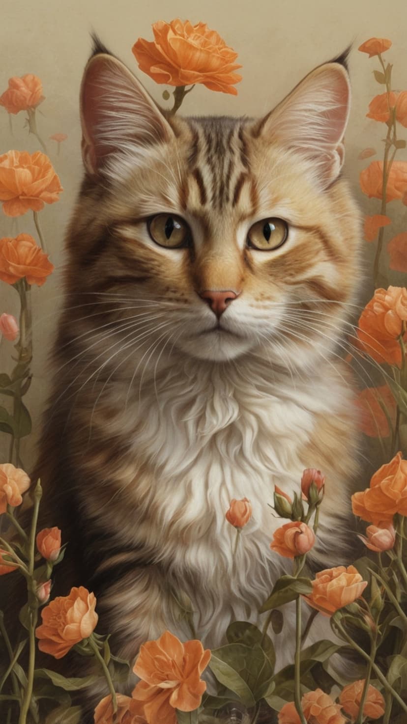 Tabby cat with golden eyes peeking through blooming orange roses in a warm, soft-focus garden setting.