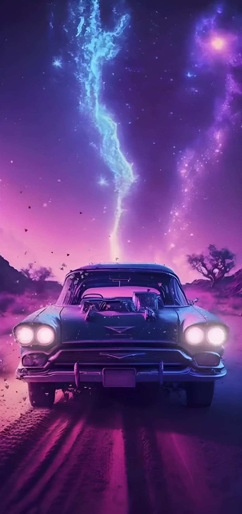 Vintage Cadillac with an open hood on a dirt road under a swirling purple and blue galactic nebula.