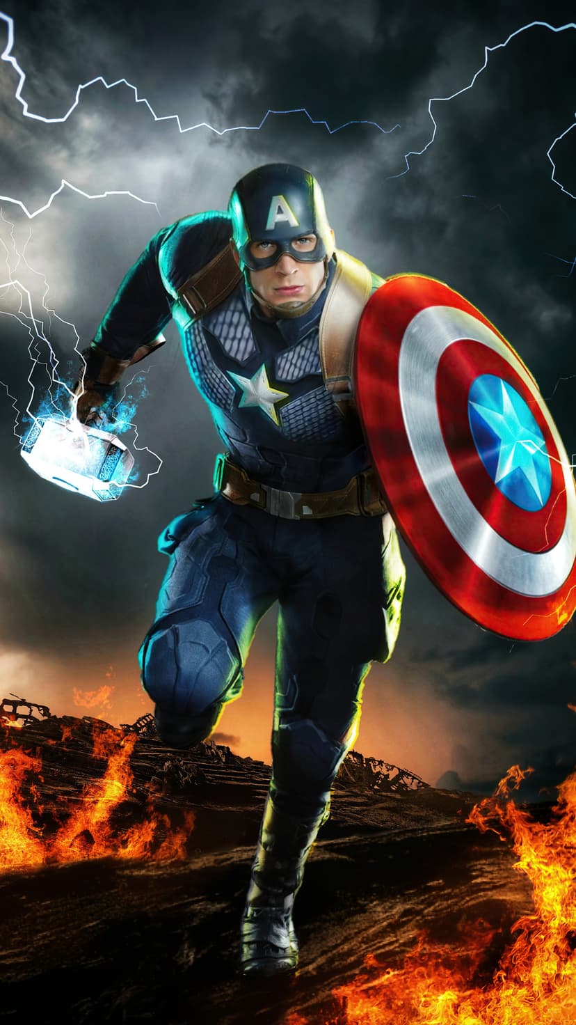 Captain America leaps through fire and blue lightning while holding Mjolnir and his shield during a battle.